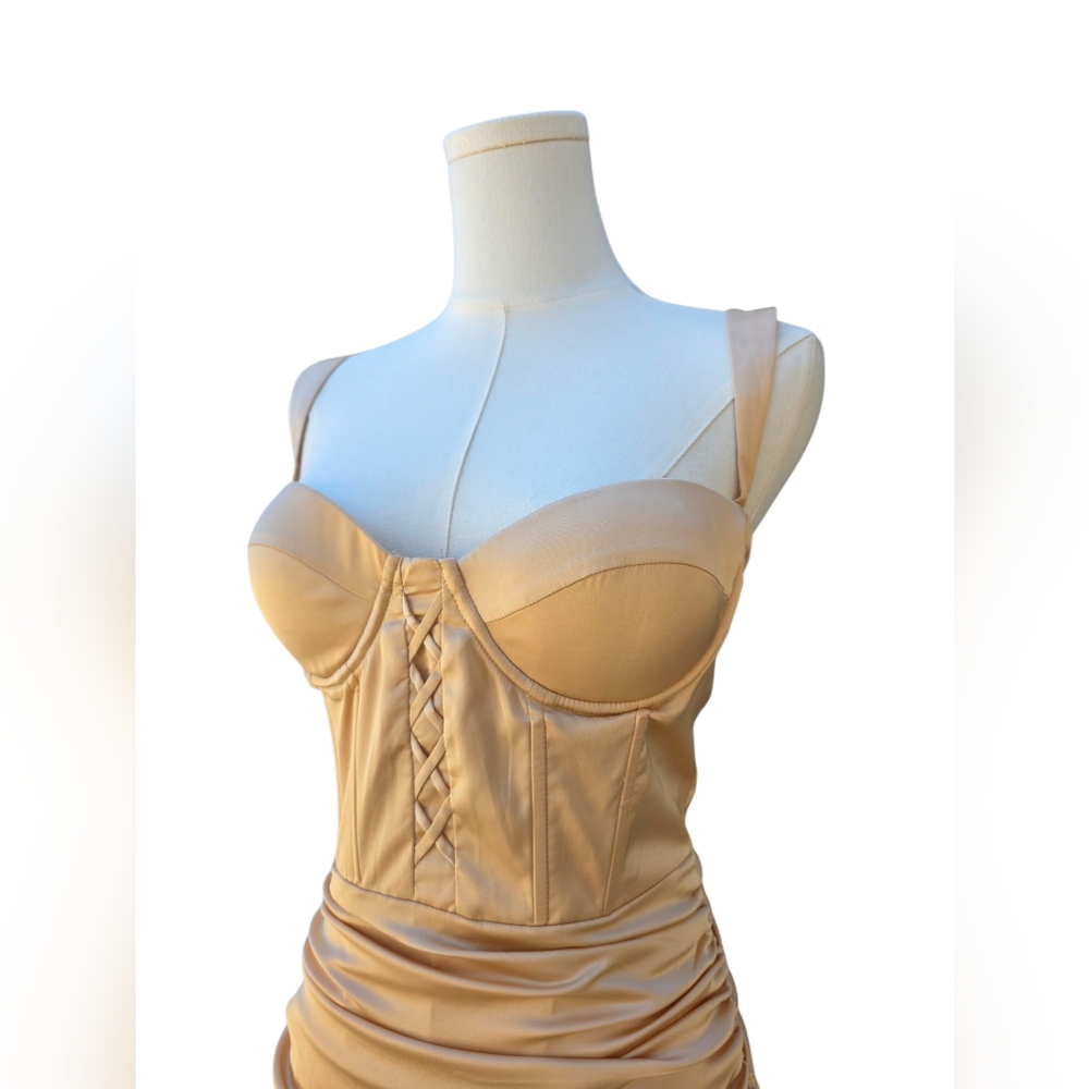 NWT Oh Polly Corset Ruched Beige Satin Dress - Picture 3 of 4